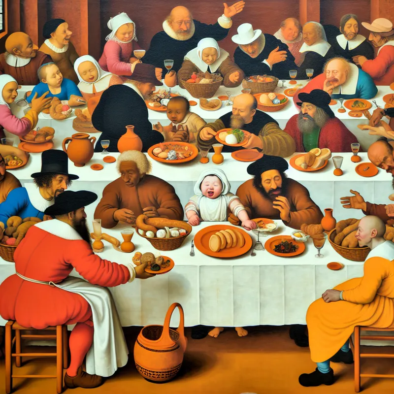 Een levendig tafereel van een chaotische gezinsmaaltijd met een klein handdoekje in het midden, weergegeven in de stijl van Jan Steen.