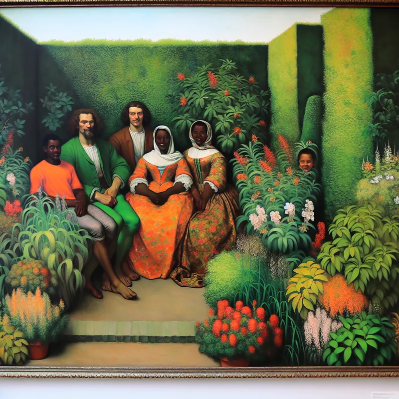 Een gezellig gezinsmoment in een weelderige tuin, omringd door kleurrijke bloemen en groen, afgebeeld in de barokke stijl van Rubens.
