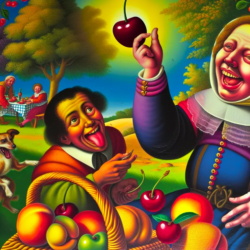 Een kind houdt een glanzende rode kers omhoog tijdens een druk gezinspicknick in een zonnig park, met een groot picknickmand vol fruit en een hond die een perziksteen probeert te pakken.