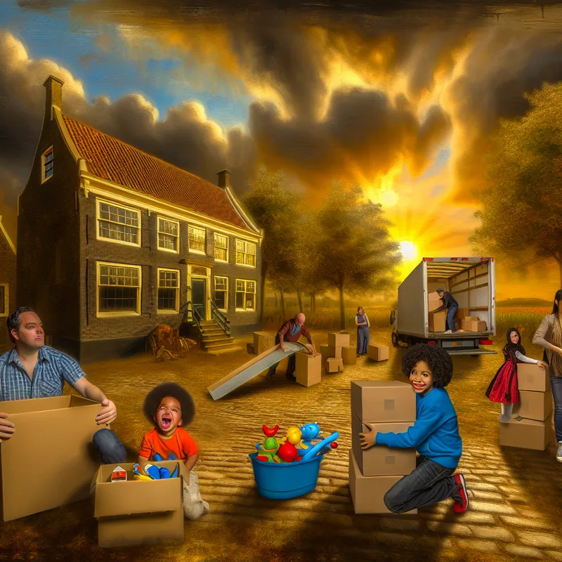 Een drukke verhuis scéne met een gezin dat dozen inpakt, omringd door speelgoed, met een rustiek huis op de achtergrond bij zonsondergang.