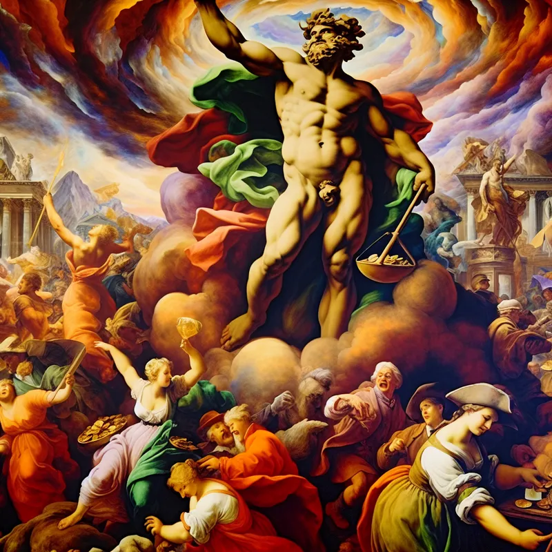 Barokke voorstelling van een gezond bedrijf als een krachtige, majestueuze figuur in een levendige markt, omringd door welvaart en dynamiek