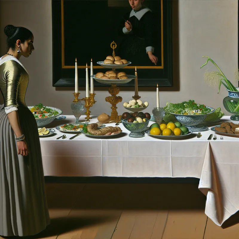 Elegante dinertafel met gezonde gerechten en een modebewuste vrouw die haar keuzes overdenkt