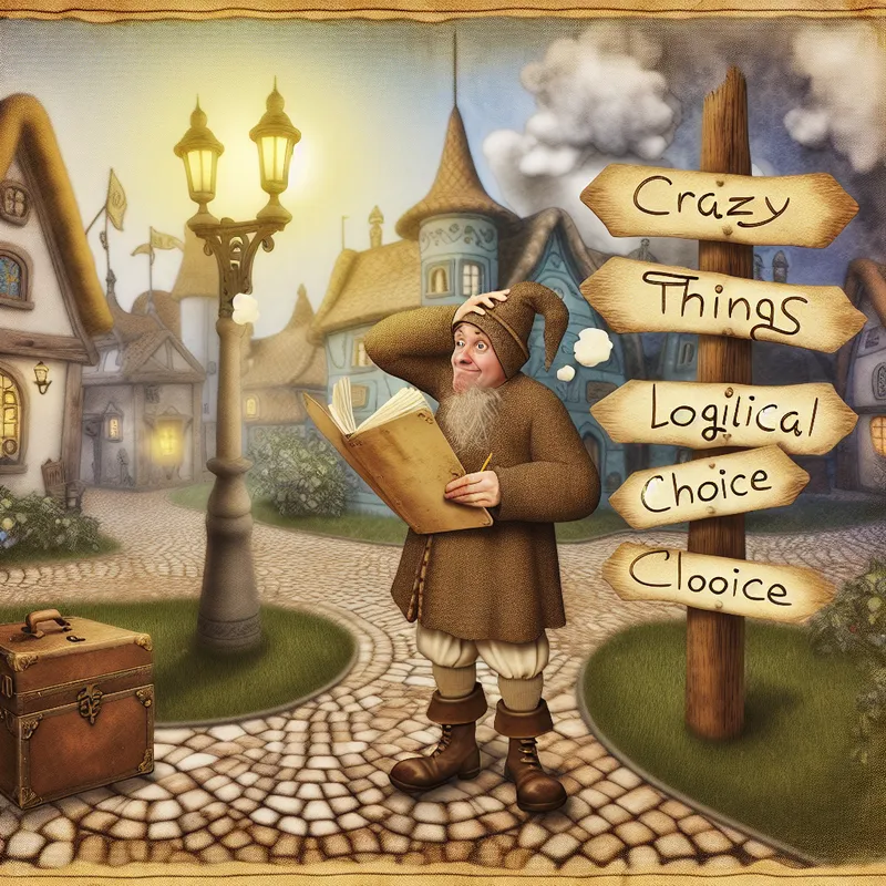 Persoon bij kruispunt in sprookjesdorp met borden 'Gekke dingen' en 'Logische keuze', symboliserend gezond verstand en keuzes maken