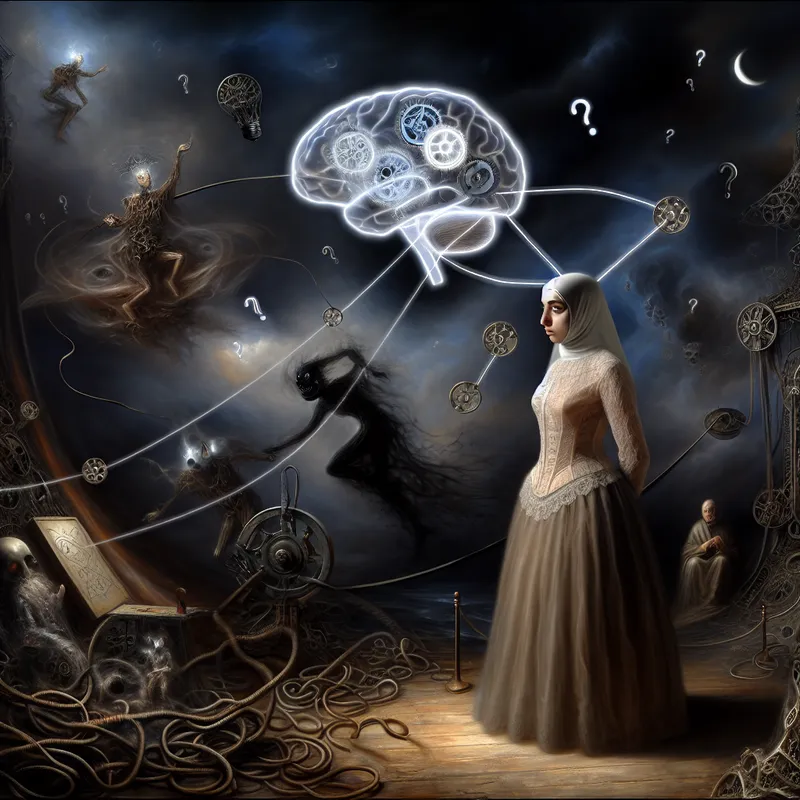 Surrealistische illustratie van een persoon met een verlichte hersenen vol tandwielen, symbool voor gezond verstand en logica te midden van chaos en twijfel