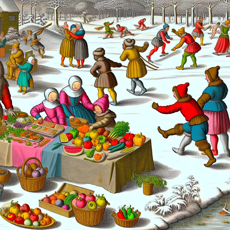 Een winterlandschap met een diverse groep mensen die gezonde activiteiten ondernemen, zoals het bereiden van vers voedsel en buiten spelen.