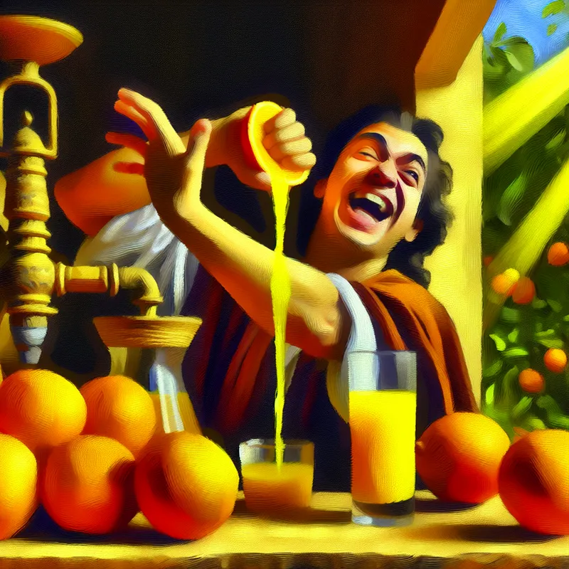 Een enthousiaste persoon die versgeperst sinaasappelsap in een glas perst in een heldere keuken