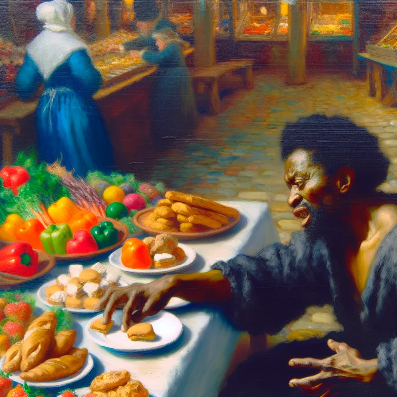 Persoon kijkt verlangend naar gezonde groenten en mager eiwit terwijl hij calorierijk eten zoals gebak en snacks wegduwt, in een levendige schilderstijl van Frans Hals