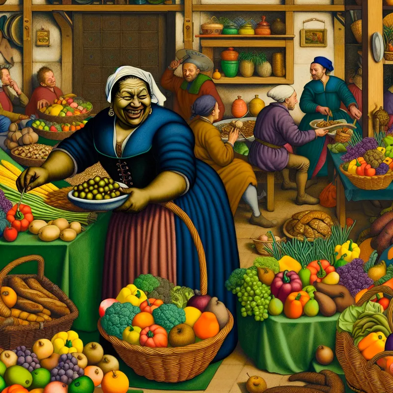 Vrolijke Nederlandse marktscène in de stijl van Jan Steen met een vrouw die gezonde biologische groenten en fruit uitkiest, omringd door levendige aardetinten en een drukke sfeer