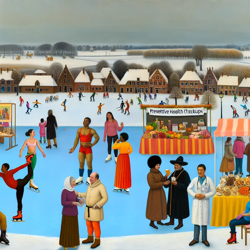 Landschap van een winterse gezondheidsbeurs in een dorpsplein met mensen die yoga beoefenen en gezonde activiteiten ondernemen