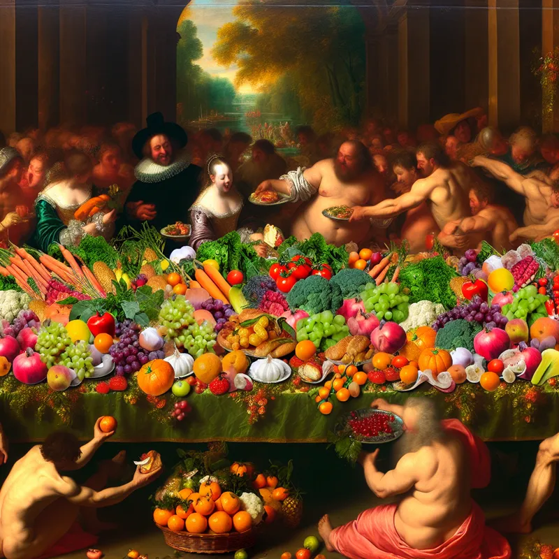 Barokke voorstelling van een overvloedige tafel met verse groenten en fruit, omringd door vrolijke figuren die gezond eten vieren