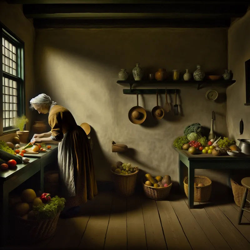 Een persoon in een zachte, sfeervolle keuken bereidt gezonde maaltijden met verse groenten en fruit, vertegenwoordigt een gezonde levensstijl.