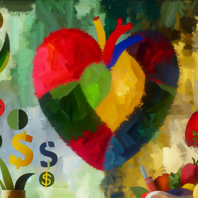 Abstracte afbeelding van een groot, kleurrijk hart omringd door fruit en groenten, met een vervaagd achtergrondbeeld van munten en dollar-symbolen.
