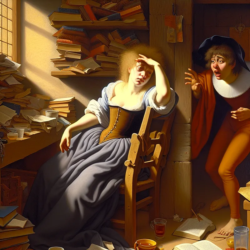 Een bleke jongedame uit een chaotische kamer, omringd door boeken en een omgevallen stoel.