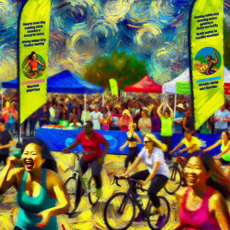 Een diverse groep mensen die deelnemen aan verschillende sportactiviteiten zoals joggen, fietsen en yoga, tijdens een levendige gezondheidscampagne buiten.