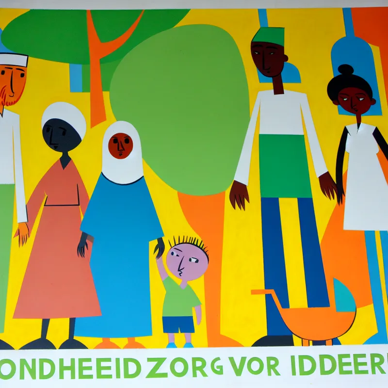 Minimalistische illustratie van een diverse groep mensen, inclusief een oudere, een kind en een jong volwassene, die samen staan en kijken naar een banner met de tekst 'Gezondheidszorg voor iedereen!'.