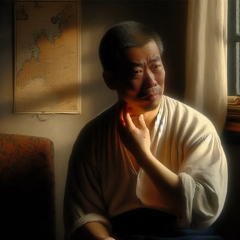 Persoon ontdekt voorzichtig een verdachte zwelling in de hals bij zacht licht, Vermeer-stijl schilderij