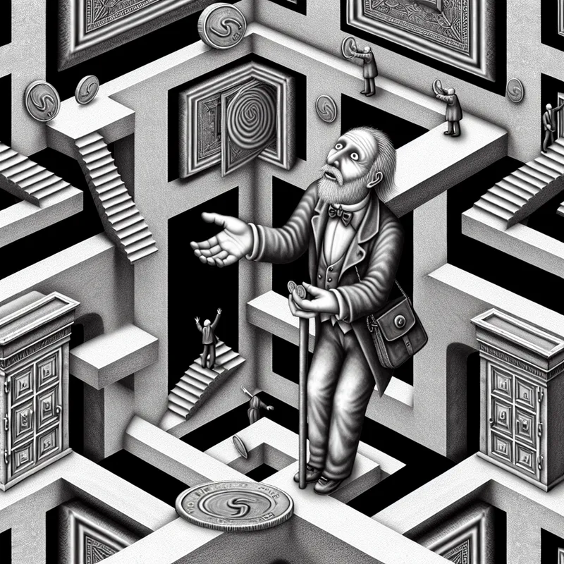 Surrealistische Escher-achtige illustratie van een gierige man die krampachtig een munt vasthoudt in een eindeloos doolhof van trappen en optische illusies