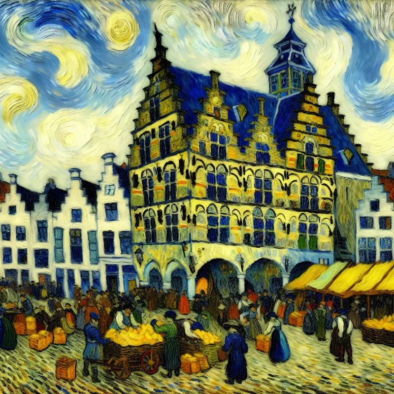 Schilderij in Van Gogh-stijl van het historische gildehuis 'De Waag' in Gouda met een levendige 17e-eeuwse kaasmarkt op het plein