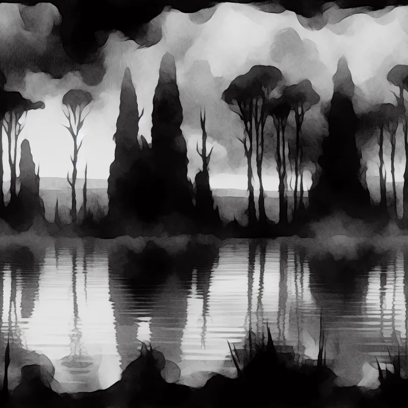 Een serene en donkere scène van een meer met een glad oppervlak dat de omringende bomen weerspiegelt.