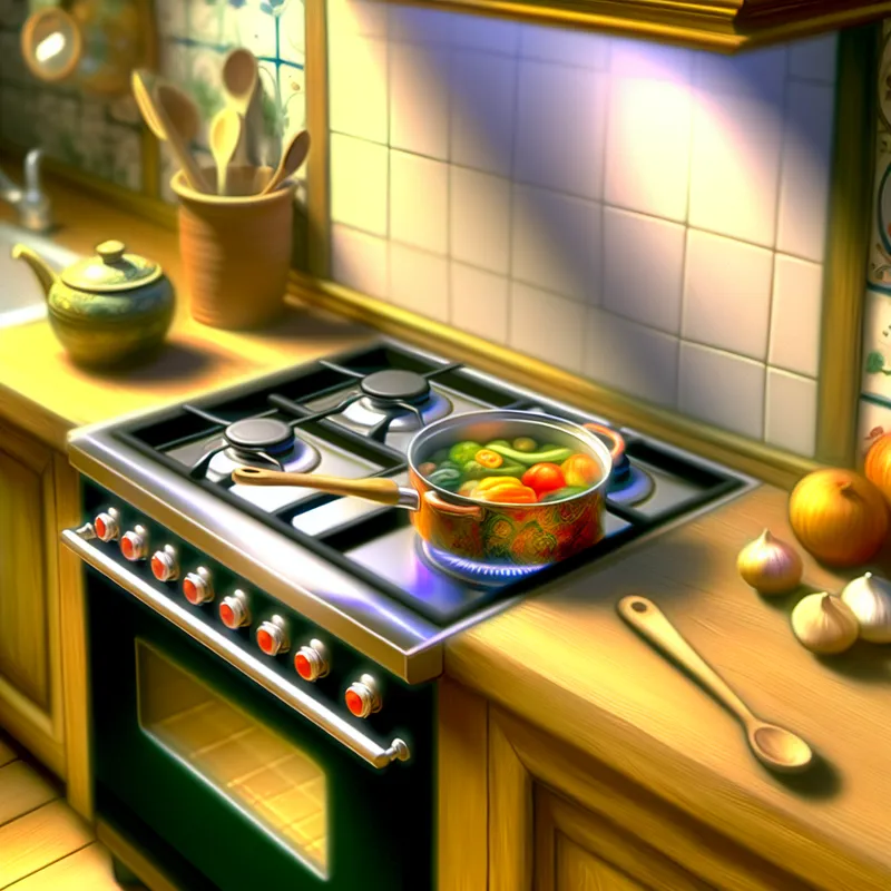 Glanzend nieuw fornuis met vier branders en een borrelende pan met kleurrijke groenten in een levendige keuken.