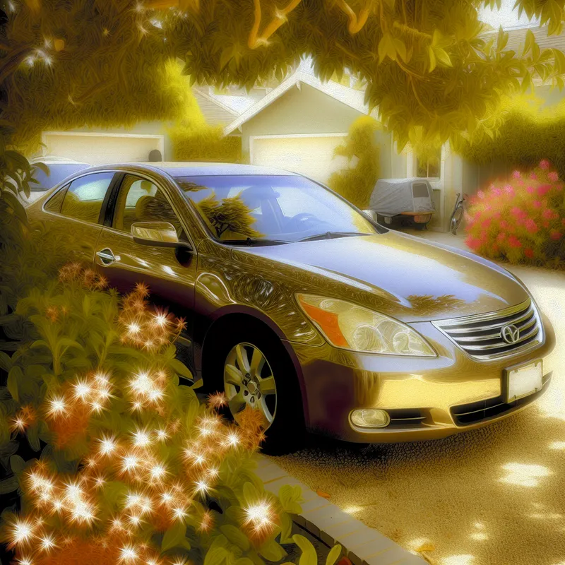 Een glanzende auto die in het zonlicht schittert, geparkeerd in een rustige straat met bloeiende bloemen en bomen.