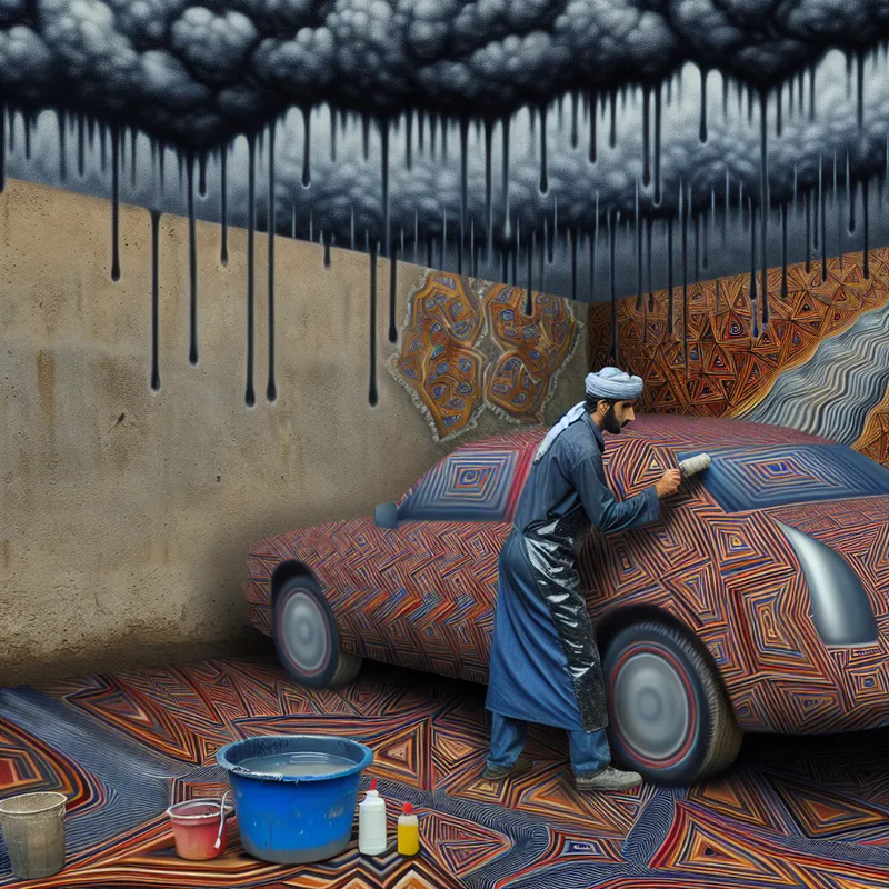 Man brengt een glanzende beschermlaag aan op een auto met reflecterende geometrische patronen onder een gestileerde regenwolk.