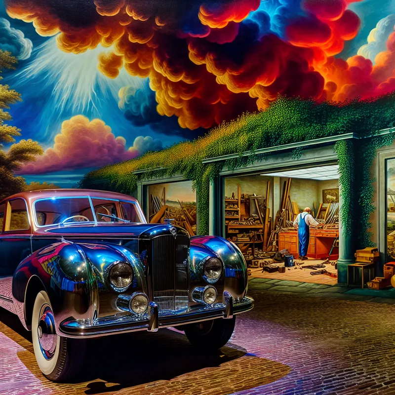 Een glanzende nieuwe auto geparkeerd voor een elegante garage met een stormachtige lucht op de achtergrond.