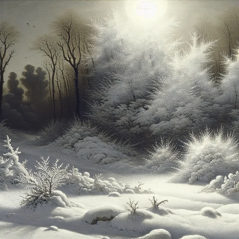 Serene winterlandschap met glanzende sneeuw die fel zonlicht weerkaatst, geschilderd in de stijl van Gerard ter Borch