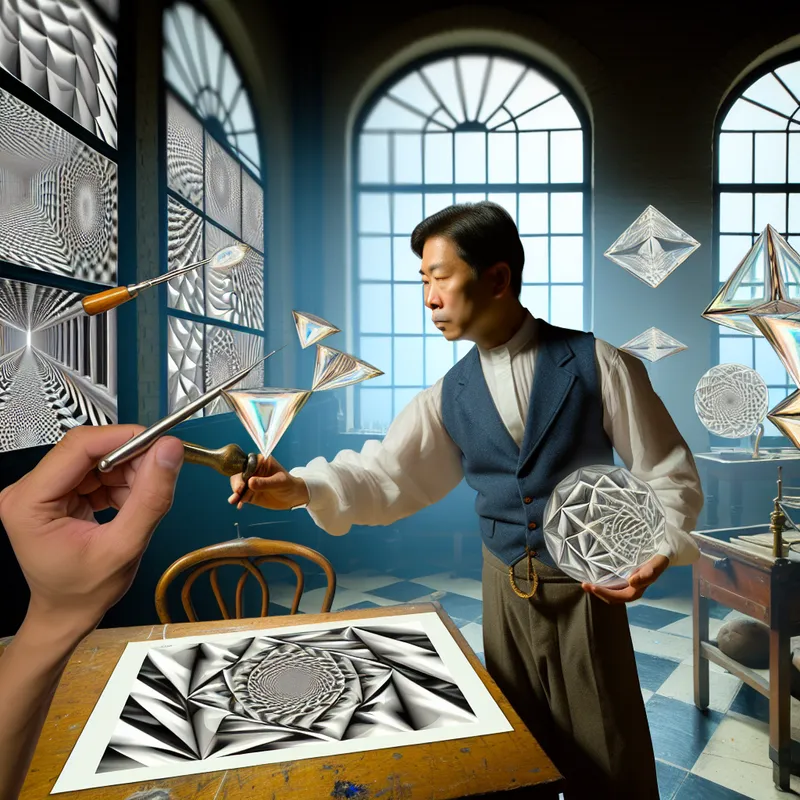 Een surrealistisch beeld van een glasartiest die gefocust glas snijdt in geometrische vormen in een werkplaats met natuurlijk licht.