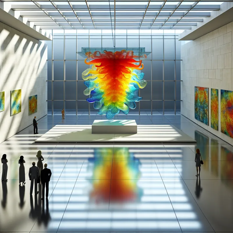 Hyper-realistisch glasobject in een modern museum met prachtige reflecties en bezoekers die het bewonderen