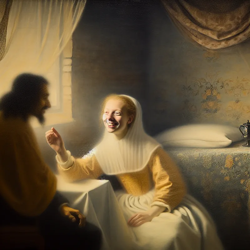 Twee personen in een sfeervolle kamer, met een vrouw die een warme glimlach deelt met een man, die haar op een blije manier aankijkt.