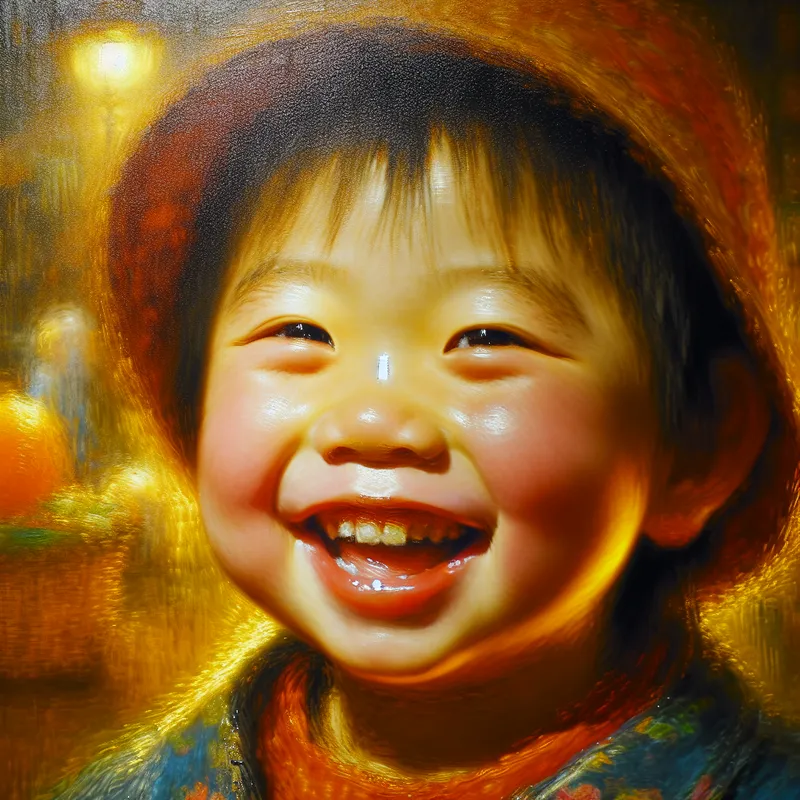 Vibrant portret van een glimlachend kind met stralende ogen en een warme achtergrond.