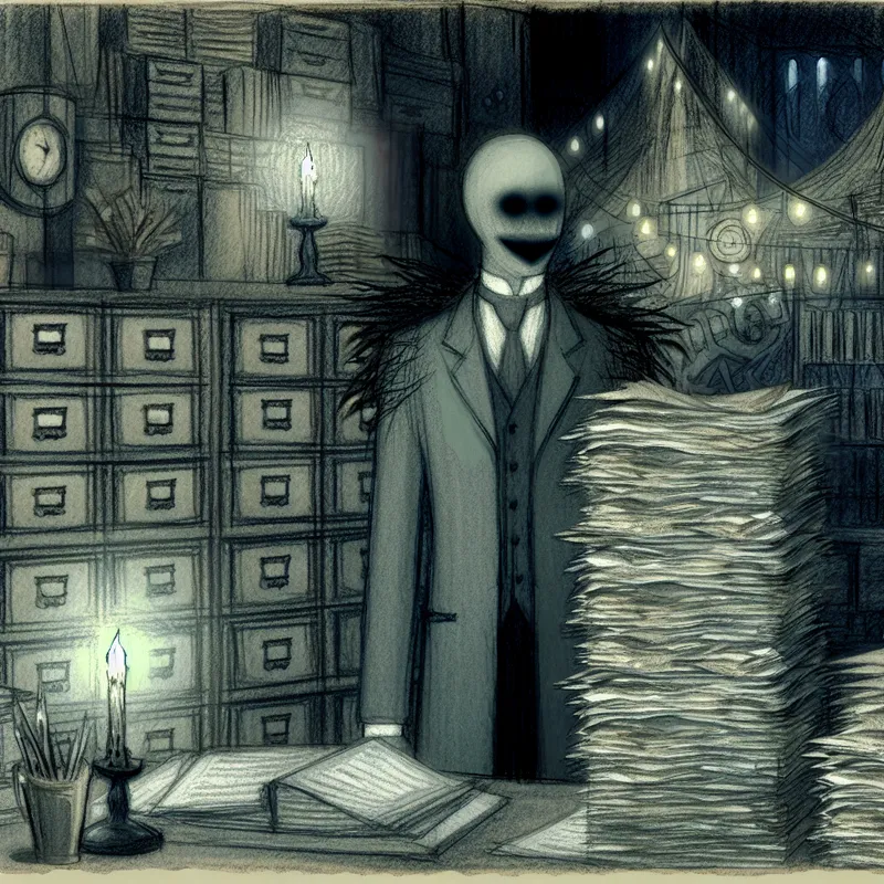 Sarcastische bureaucraat in donker kantoor met stapel absurde papieren, ironische scène in stijl van Félicien Rops