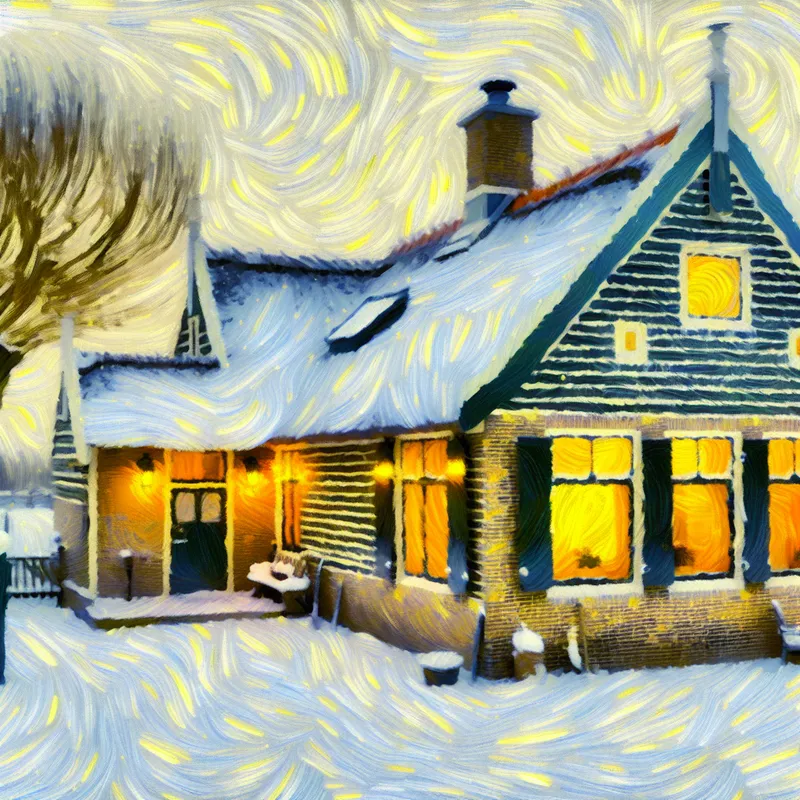 Knus Nederlands huis in winter met sneeuw, warmtegolven boven het dak en muren tonen goede isolatie in Van Gogh-stijl