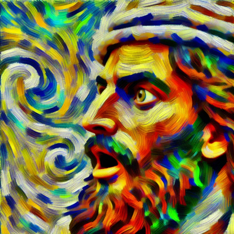 Abstract expressionistisch portret met een scherp gedefinieerd gezicht dat duidelijk waarneembaar is tegen een dynamische achtergrond