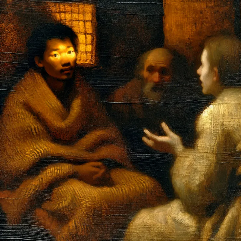 Empathische luisteraar in Rembrandt-stijl met warme chiaroscuro-verlichting, benadrukt de eigenschap van goed luisteren