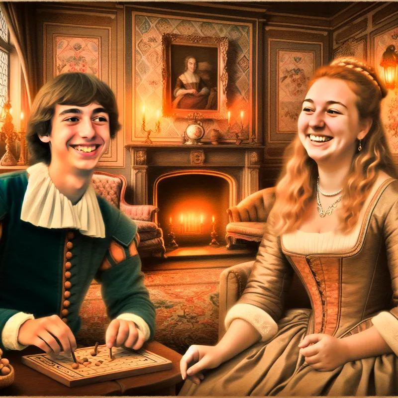 Twee blije broer en zus spelen een bordspel in een sfeervolle, nostalgische woonkamer, illustrerend een goede relatie en harmonie tussen mensen