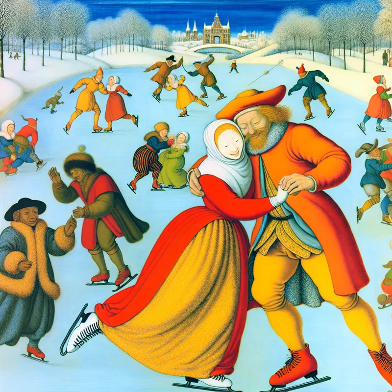 Twee mensen schaatsen vrolijk zij aan zij op een drukke ijsbaan in een winterse scène, symbool voor een goede verstandhouding en vriendschap