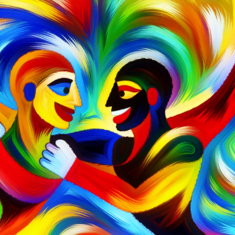 Abstract schilderij van twee vrolijke figuren die harmonieus met elkaar omgaan, geschilderd in felle kleuren en dynamische penseelstreken in de stijl van Karel Appel