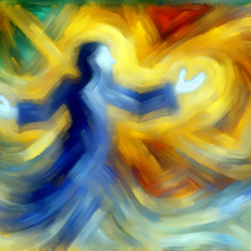 Abstract expressionistisch schilderij van een figuur die goede trouw en tevredenheid uitstraalt met warme kleuren en dynamische penseelstreken