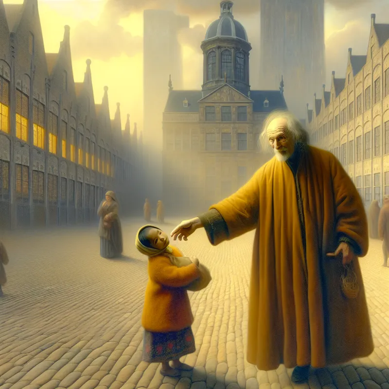 Hyperrealistisch schilderij van een vriendelijke oudere man die een klein kind helpt in een surrealistische stad, symboliserend goedheid en menselijkheid