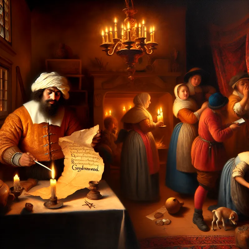 17e-eeuws Nederlands interieur met man die een avondbrief leest met de aanhef 'Goedenavond', omringd door gezellige huishoudelijke activiteiten bij kaarslicht