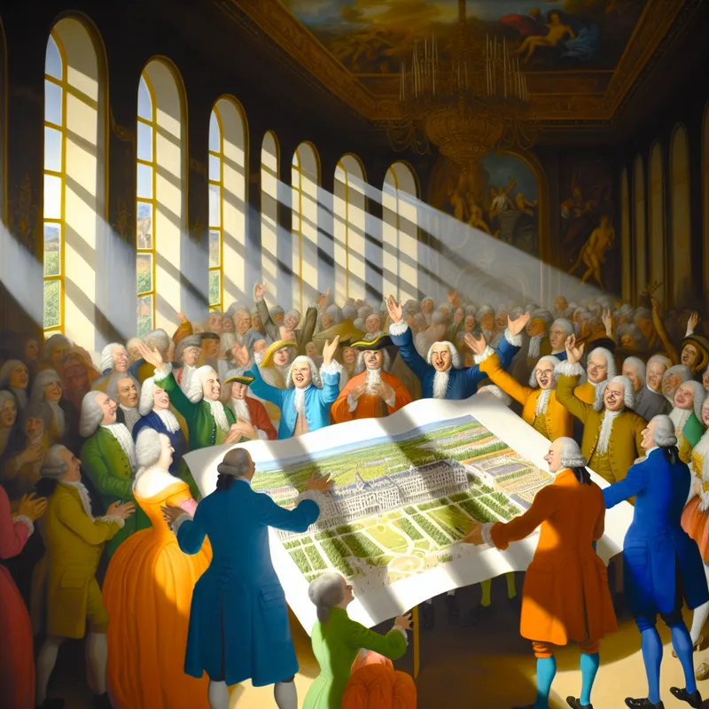 Een diverse groep mensen in een elegante kamer, verzameld rond een groot document van een nieuw parkplan, enthousiast en instemmend met opgeheven handen.