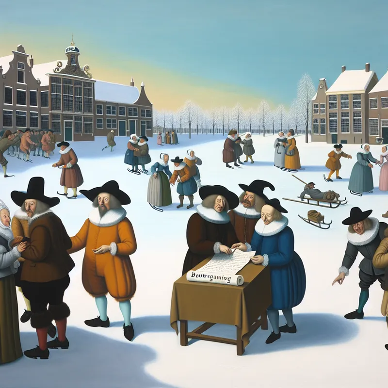 17e-eeuwse Nederlandse stadstafereel met ambtenaren die een bouwvergunning goedkeuren, omringd door schaatsende en feestende dorpsbewoners in een besneeuwd stadsplein