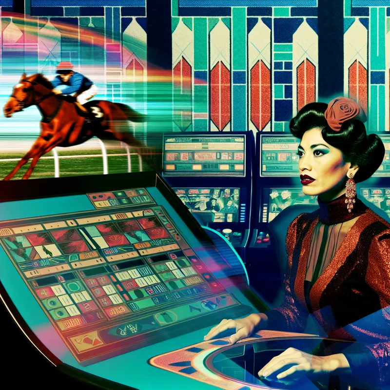 Glamoureuze vrouw plaatst een weddenschap bij een paardensimulatiespel in een modern retro-futuristisch casino, met een opgewonden gezichtsuitdrukking.