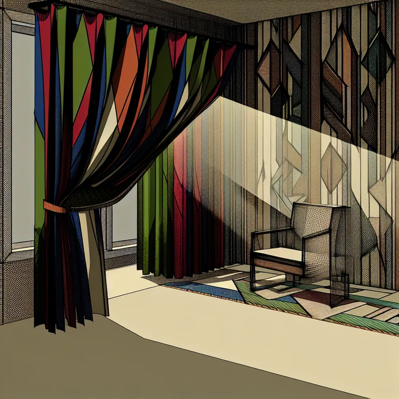 Retro-futuristische illustratie van een geometrisch gordijn dat fel zonlicht blokkeert in een moderne kamer