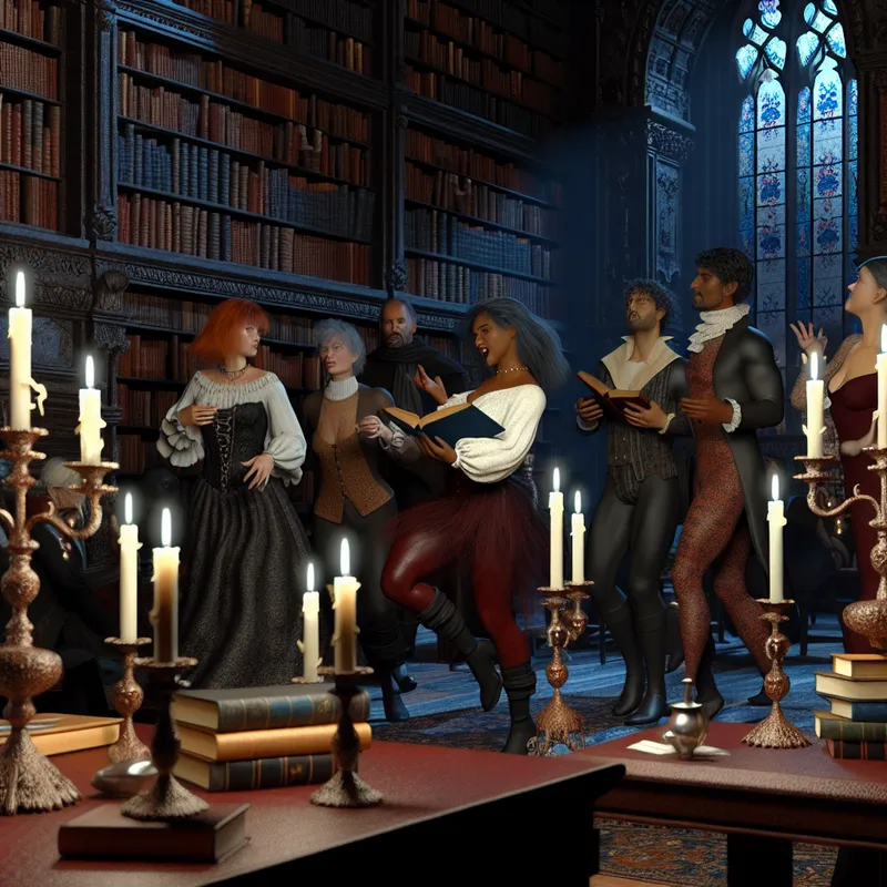 Een diverse groep mensen in een gothic bibliotheek met een vrouw die enthousiast een boek vasthoudt.