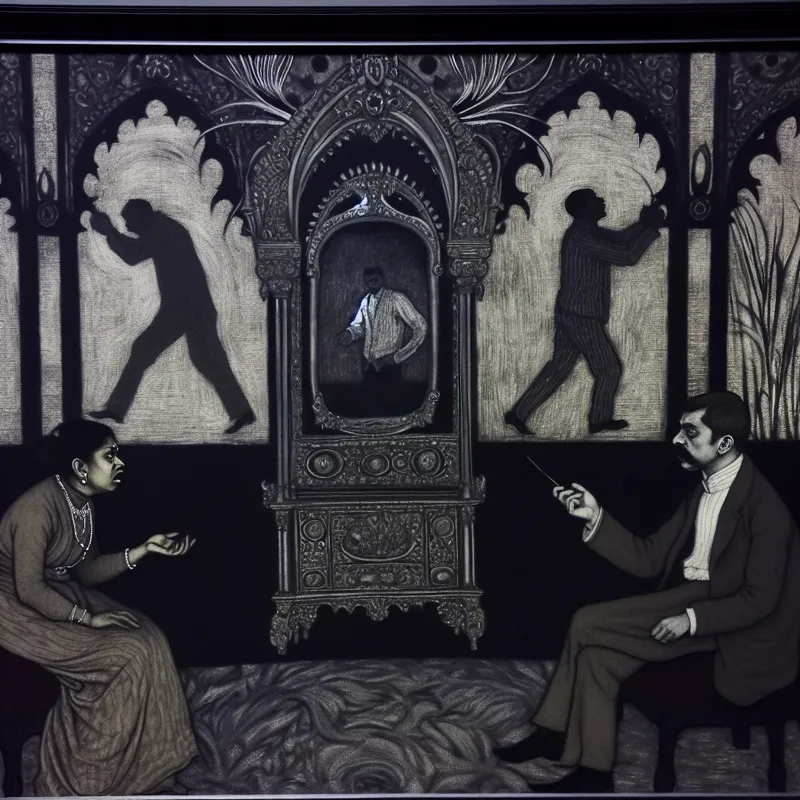 Een gothic-stijl kamer met twee mensen in een serieuze discussie over vulgaire taal, een persoon is geschokt terwijl de ander onverschillig is.