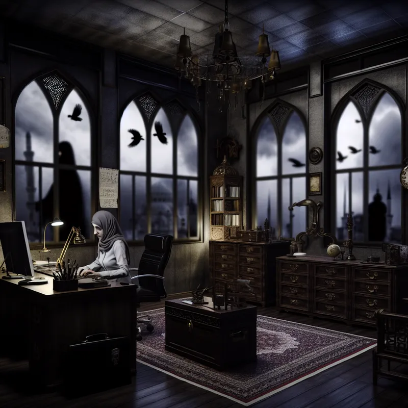 Gothic kantoorruimte met een figuur die aan een bureau werkt, omringd door schaduw en antieke voorwerpen.