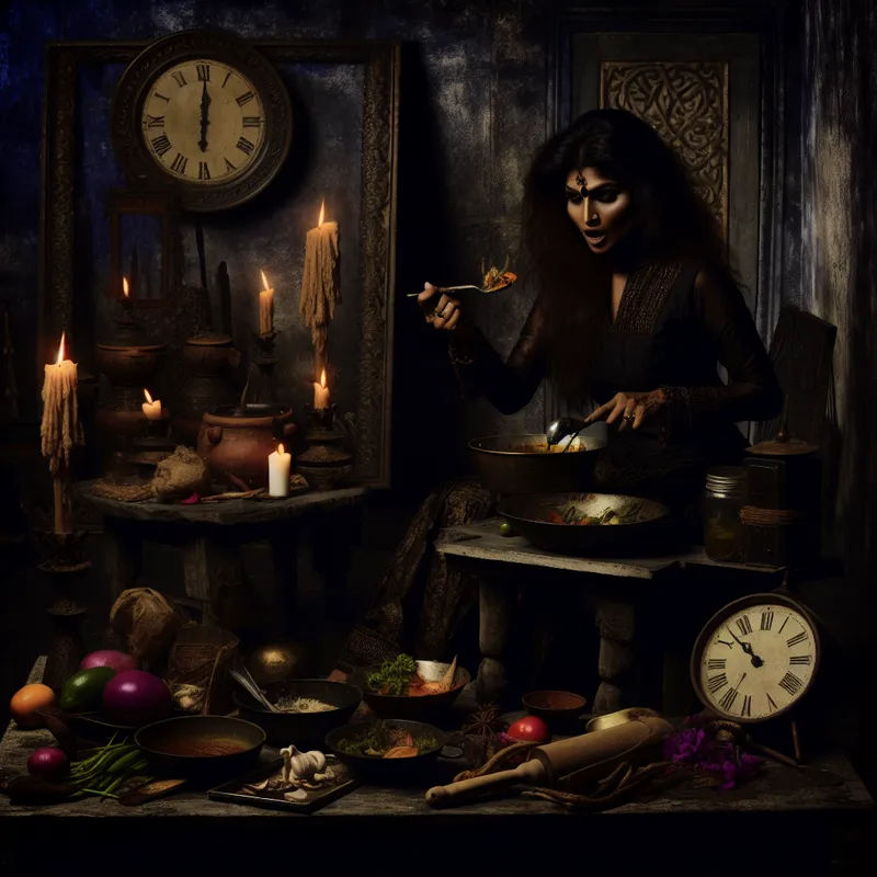 Een vrouw in een gothic keuken, proevend van een kleurrijk gerecht op een kaarslichttafel.